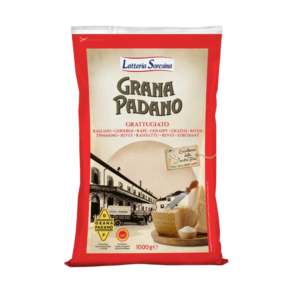 Queso Grana Padano DOP rallado Latteria Soresina en formato de 1 kg.