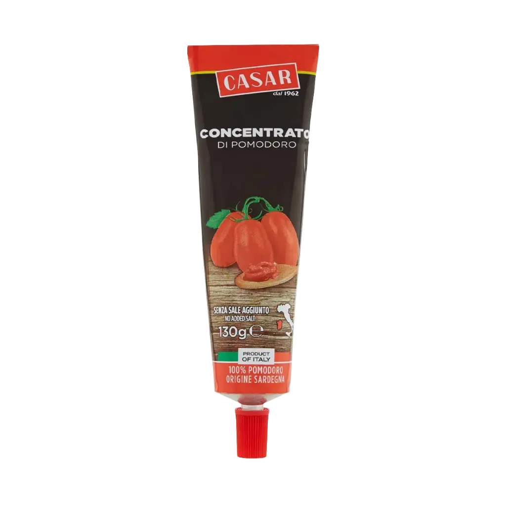 Concentrado de tomate Casar en tubo de 130 g, elaborado con tomates de Cerdeña.