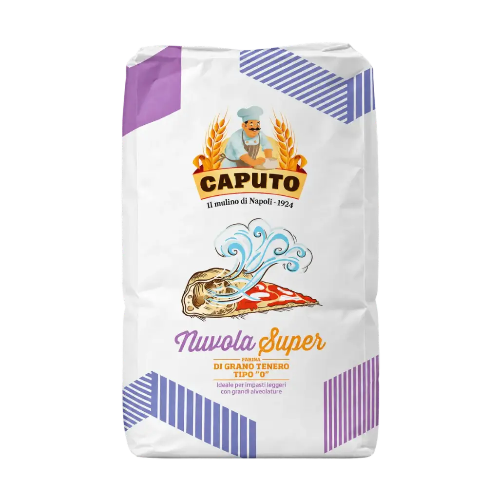 Harina de trigo blando Tipo 0 Super Nuvola de Mulino Caputo, saco profesional de 25 kg, fuerza W320-340.