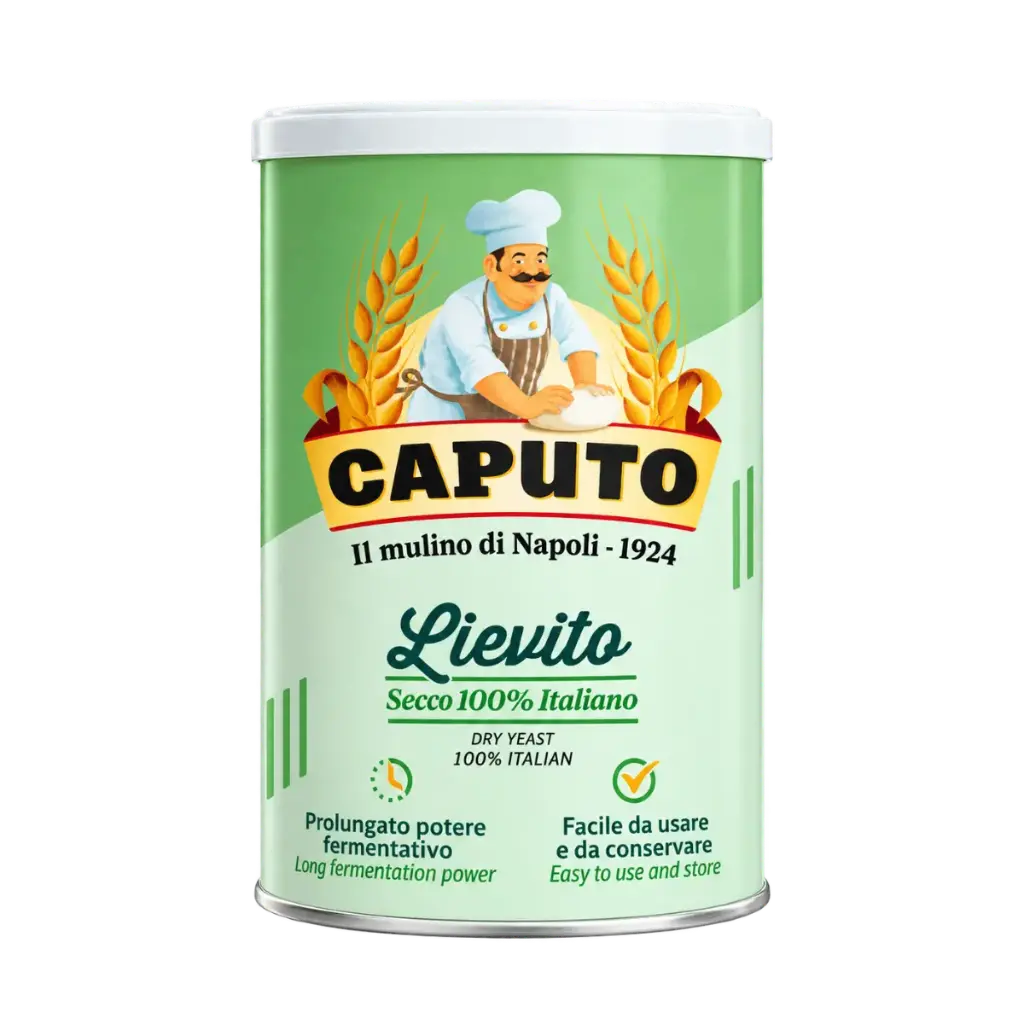 Levadura seca activa Mulino Caputo en tarro resellable de 100 g para panadería y pizza.